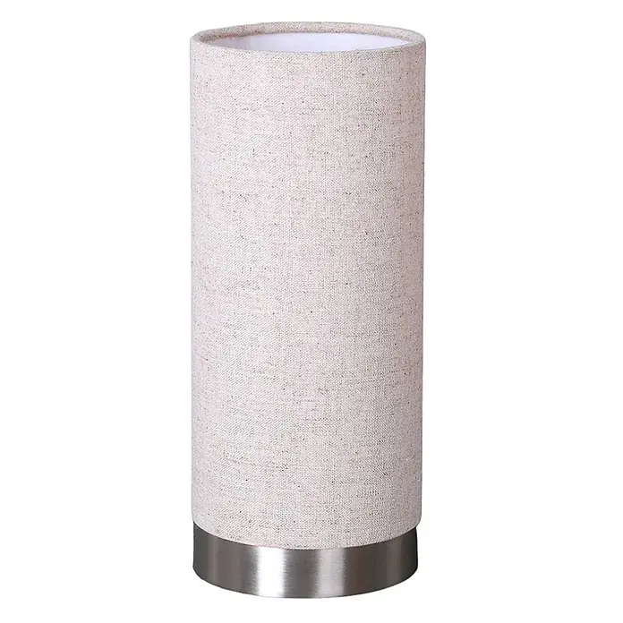 Lindby Tischleuchte Ronja - creme / amber, E14 - Zylindrische Tischleuchte mit hellbeigem Leinenstoffschirm und gebürstetem silbernem Metallsockel.