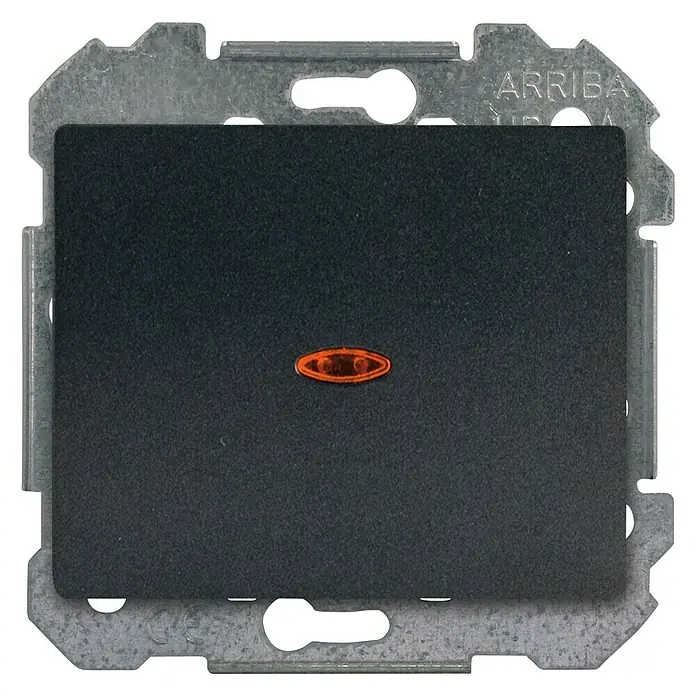 Siemens Delta Iris Conmutador con luz - Antracita - Primer plano de un interruptor de luz Arriba negro con un indicador luminoso naranja, encastrado en una placa de montaje metálica.
