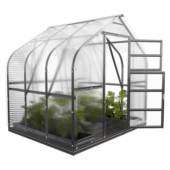 Klasika Greenhouses Gewächshaus Standart Klasika - Außenmaß inkl. Dachüberstand (B x T): 250 x 200 cm, Material Seitenwand: Kunststoff, 4 mm, Silbergrau - Transparentes Gewächshaus mit dunkelgrauem Metallrahmen und offener Tür, Pflanzen enthaltend.