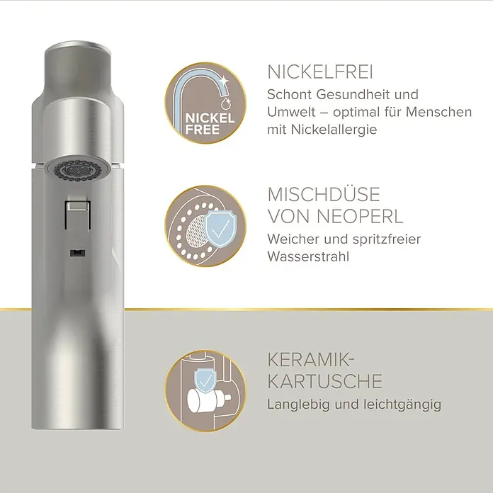 Lenz Spültischarmatur Koa - Edelstahl, Matt, Höhe: 21 cm, Messing - Ein moderner Küchenwasserhahn in gebürsteter Metalloptik mit ausziehbarer Brause.