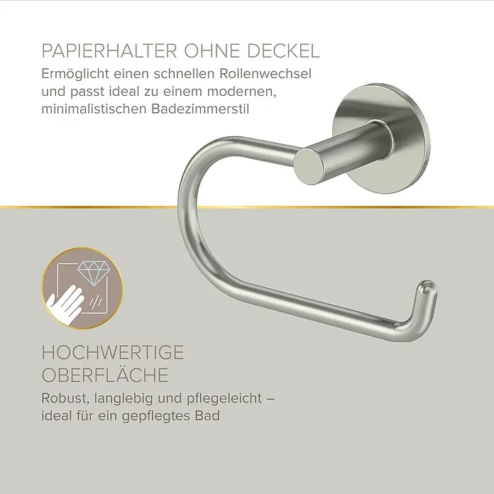 Lenz WC-Kombi-Bürstengarnitur Noa - 4 -tlg., Nickel - Gebürsteter Edelstahl Toilettenpapierhalter ohne Deckel für schnellen Rollenwechsel.