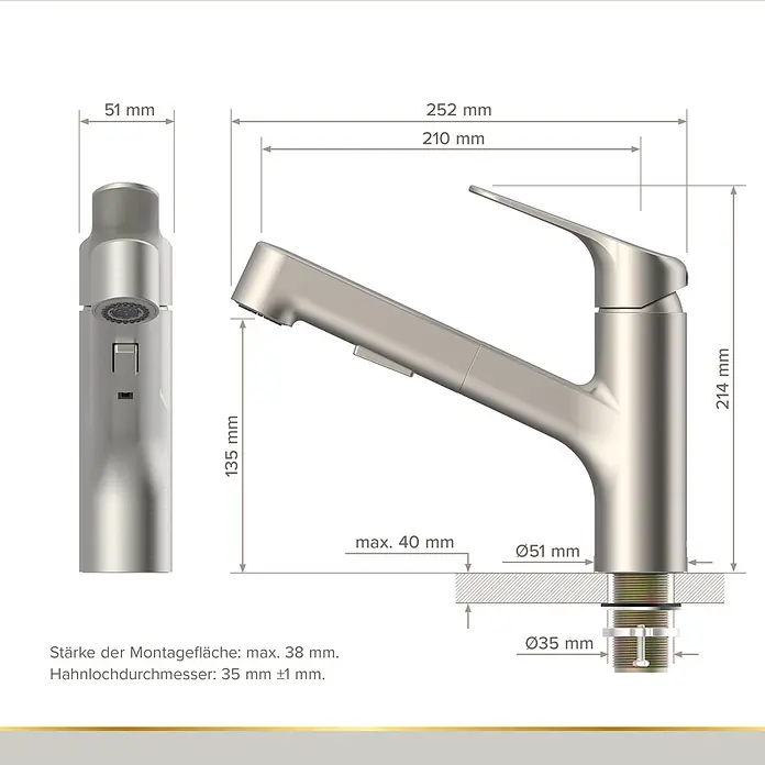 Lenz Spültischarmatur Koa - Edelstahl, Matt, Höhe: 21 cm, Messing - Gebürstete Metall-Küchenarmatur mit technischen Maßen und Installationsdetails.