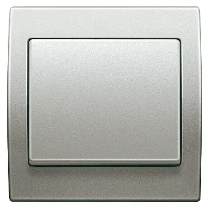 Siemens Delta Iris Marco - Aluminio, Modelo de mecanismos: x 1, Plástico, Colocar - Primer plano de un interruptor de luz rectangular individual de color plateado con esquinas redondeadas sobre una superficie blanca.