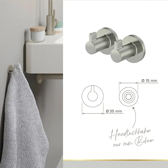 Lenz WC-Kombi-Bürstengarnitur Noa - 4 -tlg., Nickel - Zwei Handtuchhaken aus gebürstetem Metall zum Bohren, einer hält ein graues Handtuch im Bad. Maße: Ø35mm.