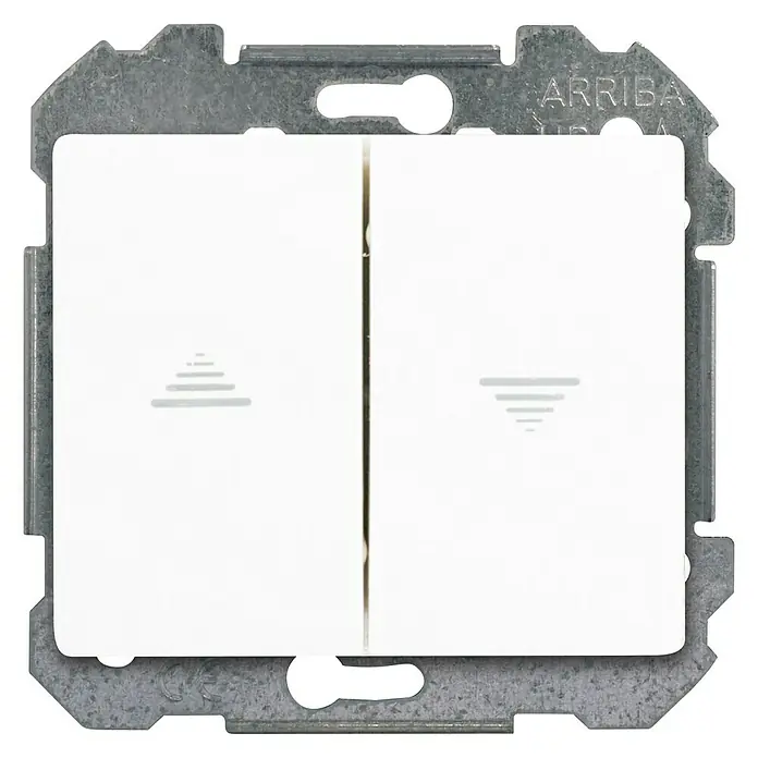 Siemens Delta Iris Interruptores para persianas - Blanco, Mate, Montaje en superficie - Primer plano de un interruptor de luz doble Arriba con un diseño minimalista y un acabado blanco, ideal para interiores modernos.
