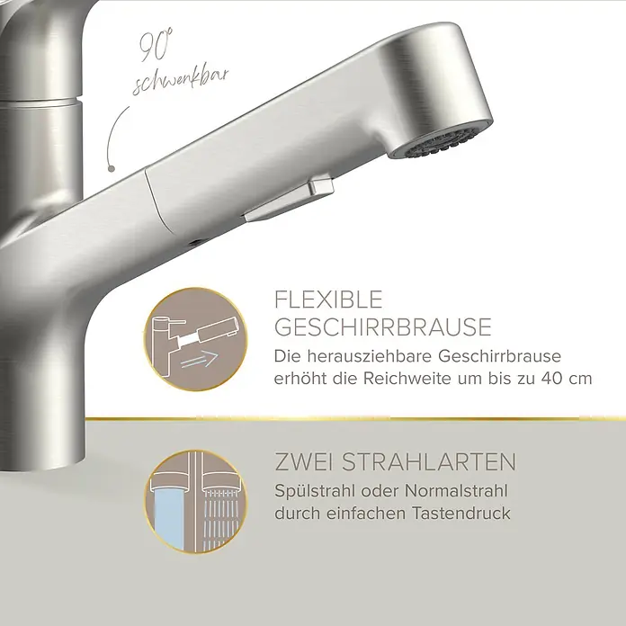 Lenz Spültischarmatur Koa - Edelstahl, Matt, Höhe: 21 cm, Messing - Küchenarmatur aus gebürstetem Metall mit 90° Schwenkbereich, ausziehbarer Brause (bis 40 cm) und zwei Strahlarten.