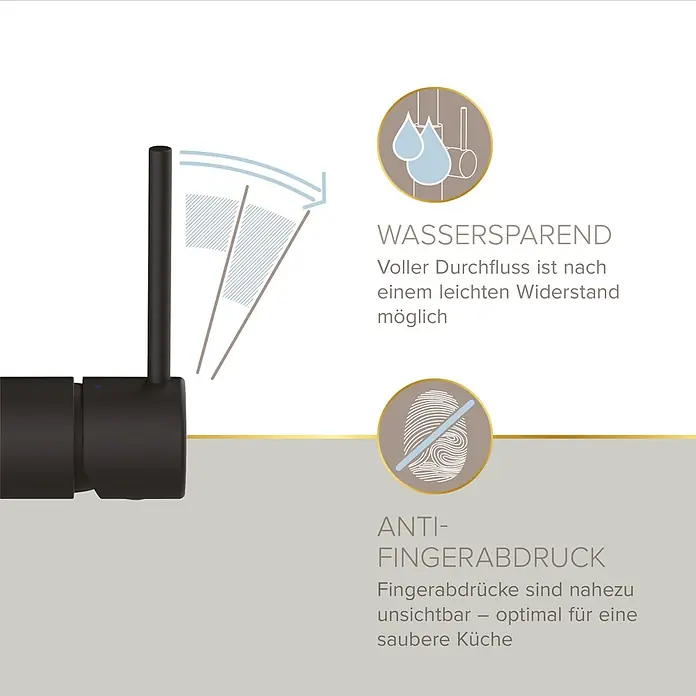 Lenz Spültischarmatur Lio - Schwarz, Matt - Schwarze Armatur mit Wassersparfunktion (voller Durchfluss nach leichtem Widerstand) und Anti-Fingerabdruck-Oberfläche.