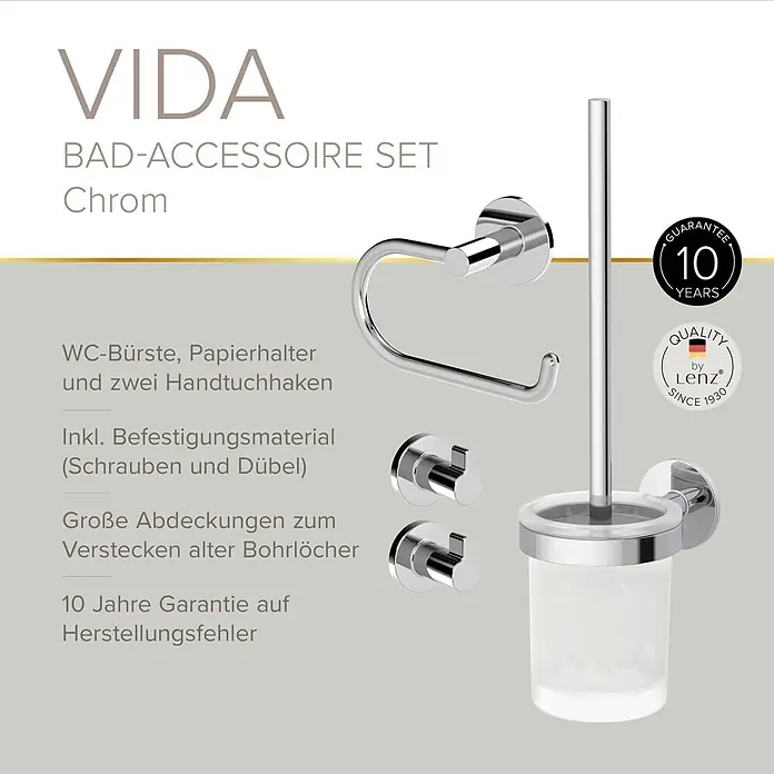 Lenz WC-Kombi-Bürstengarnitur Vida - 4 -tlg., Chrom - Bad-Accessoire-Set aus Chrom mit WC-Bürste, Papierhalter und zwei Handtuchhaken.