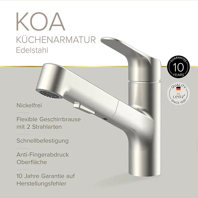 Lenz Spültischarmatur Koa - Edelstahl, Matt, Höhe: 21 cm, Messing - Küchenarmatur aus Edelstahl mit flexibler Geschirrbrause.