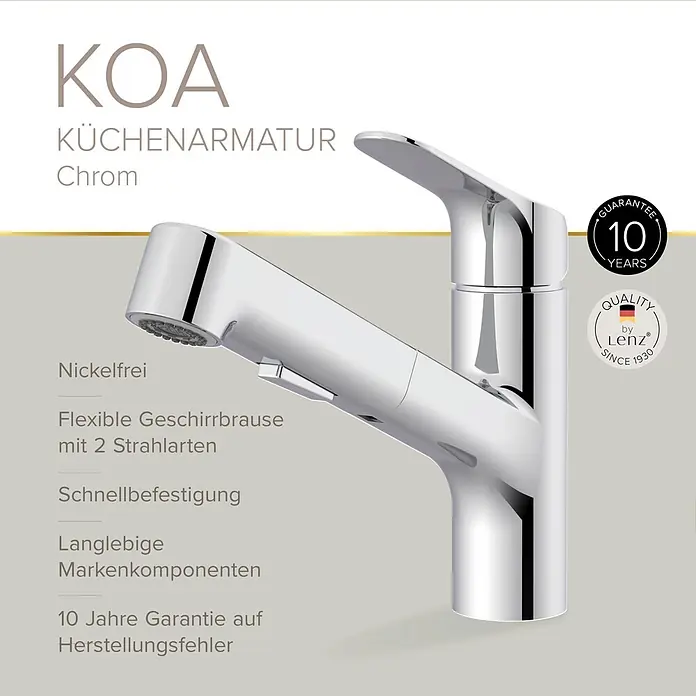 Lenz Spültischarmatur Koa - Chrom, Glänzend, Höhe: 20 cm, Messing - Chrom Küchenarmatur mit flexibler Geschirrbrause und zwei Strahlarten.