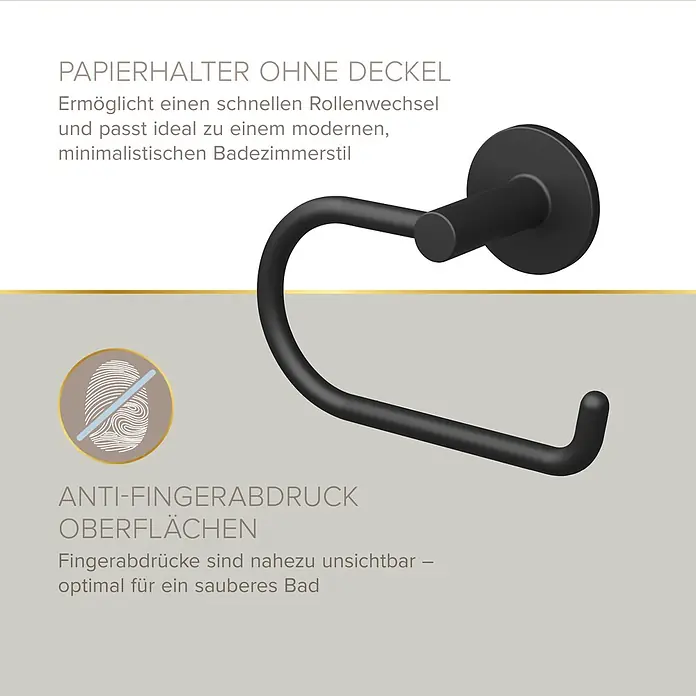 Lenz WC-Kombi-Bürstengarnitur Nero - 4 -tlg., Schwarz - Matter schwarzer Toilettenpapierhalter ohne Deckel mit Anti-Fingerabdruck-Oberfläche.