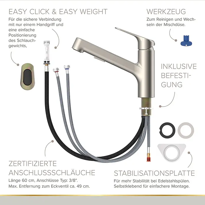 Lenz Spültischarmatur Koa - Edelstahl, Matt, Höhe: 21 cm, Messing - Gebürstete Metall-Küchenarmatur mit Ausziehbrause, inkl. Anschlussschläuchen, Gewicht und Befestigungsmaterial.