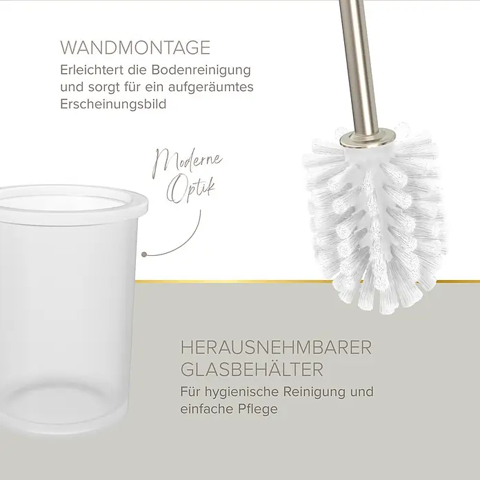 Lenz WC-Kombi-Bürstengarnitur Noa - 4 -tlg., Nickel - Wandmontierbare Toilettenbürste mit Metallgriff, weißen Borsten und herausnehmbarem Milchglasbehälter.