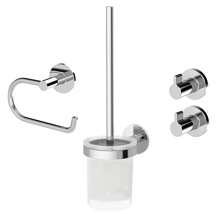 Lenz WC-Kombi-Bürstengarnitur Vida - 4 -tlg., Chrom - Chrom-Badezimmer-Accessoires-Set: Toilettenpapierhalter, WC-Bürste mit Milchglasbehälter und zwei Haken.