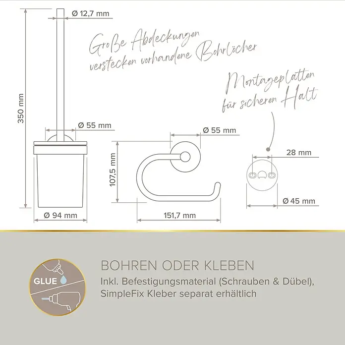 Lenz WC-Kombi-Bürstengarnitur Noa - 4 -tlg., Nickel - Technische Zeichnung eines WC-Bürstenhalters und Toilettenpapierhalters mit Maßen und Montageoptionen (Bohren oder Kleben).