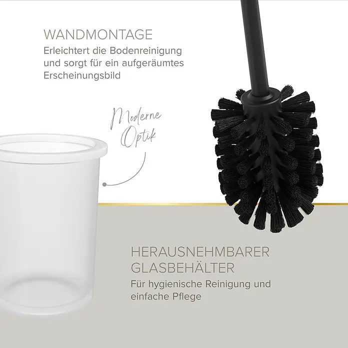 Lenz WC-Kombi-Bürstengarnitur Nero - 4 -tlg., Schwarz - Eine schwarze Toilettenbürste mit rundem Kopf und ein durchscheinender, zylindrischer Halter.