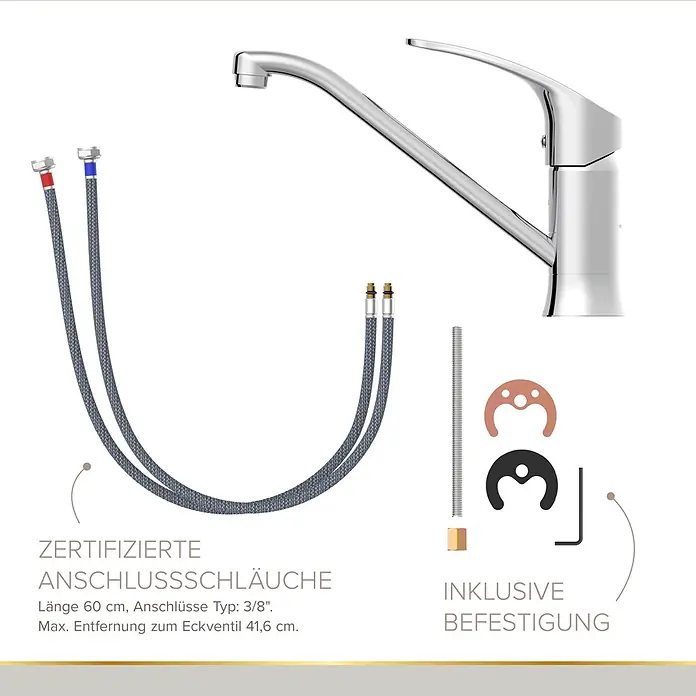 Lenz Spültischarmatur Kela - Hochdruck, Chrom, Glänzend - Silberne Küchenarmatur mit gebogenem Auslauf, Griff, flexiblen Anschlussschläuchen und Befestigungsmaterial.