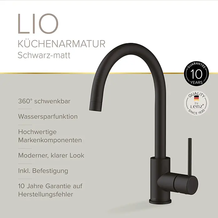 Lenz Spültischarmatur Lio - Schwarz, Matt - LIO matt-schwarze Küchenarmatur.