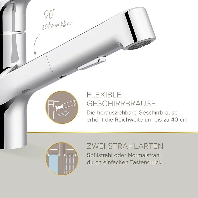 Lenz Spültischarmatur Koa - Chrom, Glänzend, Höhe: 20 cm, Messing - Chrom Küchenarmatur mit ausziehbarer Brause, flexibel und zwei Strahlarten.
