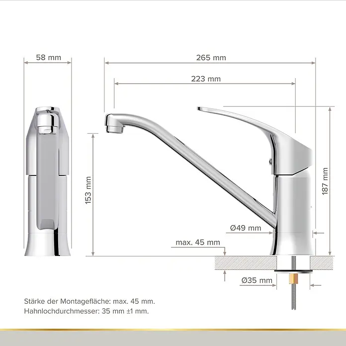 Lenz Spültischarmatur Kela - Hochdruck, Chrom, Glänzend - Chrom Küchenarmatur mit Installationsmaßen.