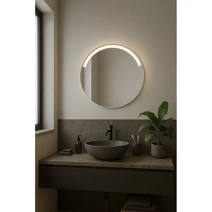 Lichtspiegel Smile - Durchmesser: 60 cm, Leuchtmittel - Moderne dunkelgraue Badmöbel mit Steinwaschbecken und Arbeitsplatte, beleuchtetem Spiegel und stilvollen Accessoires.