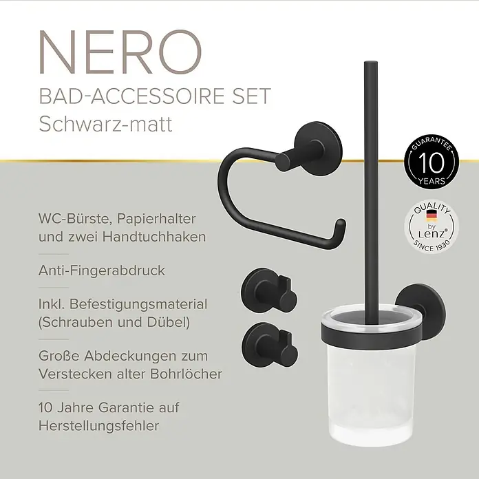 Lenz WC-Kombi-Bürstengarnitur Nero - 4 -tlg., Schwarz - Mattschwarzes Bad-Accessoire-Set: WC-Bürste, Papierhalter und zwei Handtuchhaken.