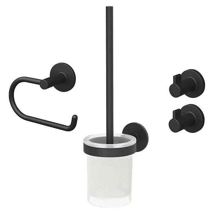 Lenz WC-Kombi-Bürstengarnitur Nero - 4 -tlg., Schwarz - Matt-schwarzes Badaccessoire-Set mit Toilettenpapierhalter, WC-Bürstenhalter mit weißem Becher und zwei Haken.