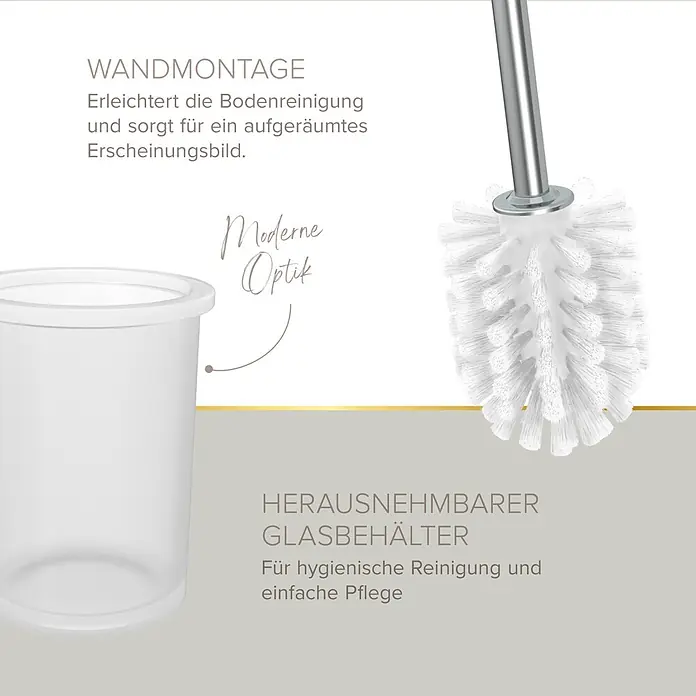 Lenz WC-Kombi-Bürstengarnitur Vida - 4 -tlg., Chrom - Weißer Toilettenbürstenhalter mit silbernem Griff und herausnehmbarem Milchglasbehälter für hygienische Reinigung.