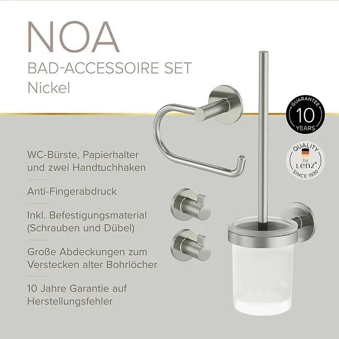 Lenz WC-Kombi-Bürstengarnitur Noa - 4 -tlg., Nickel - NOA Bad-Accessoire-Set aus Nickel mit WC-Bürste, Papierhalter und zwei Handtuchhaken.
