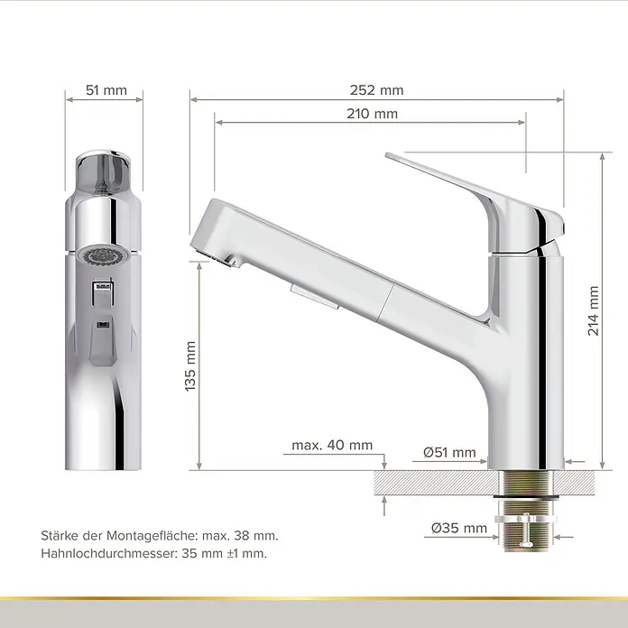 Lenz Spültischarmatur Koa - Chrom, Glänzend, Höhe: 20 cm, Messing - Chrom Küchenarmatur mit Ausziehbrause, technische Zeichnung mit Maßen zur Montage.