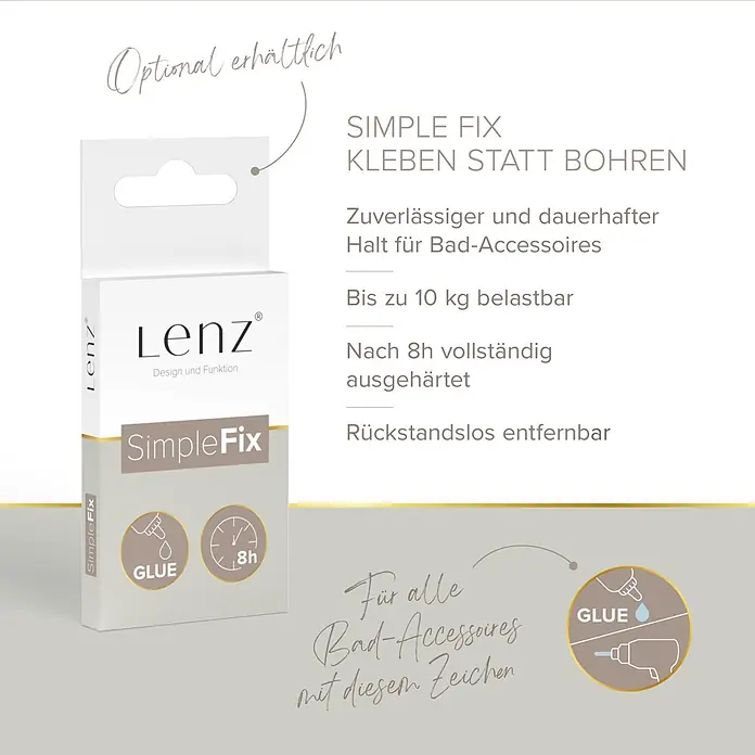 Lenz WC-Kombi-Bürstengarnitur Noa - 4 -tlg., Nickel - Lenz SimpleFix Kleberbox für bohrfreie Montage, hält bis zu 10kg, 8h Aushärtung, rückstandslos entfernbar.