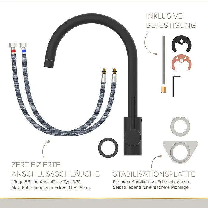 Lenz Spültischarmatur Lio - Schwarz, Matt - Schwarze Küchenarmatur mit geflochtenen Anschlussschläuchen und Montagezubehör, inklusive Stabilisationsplatte.