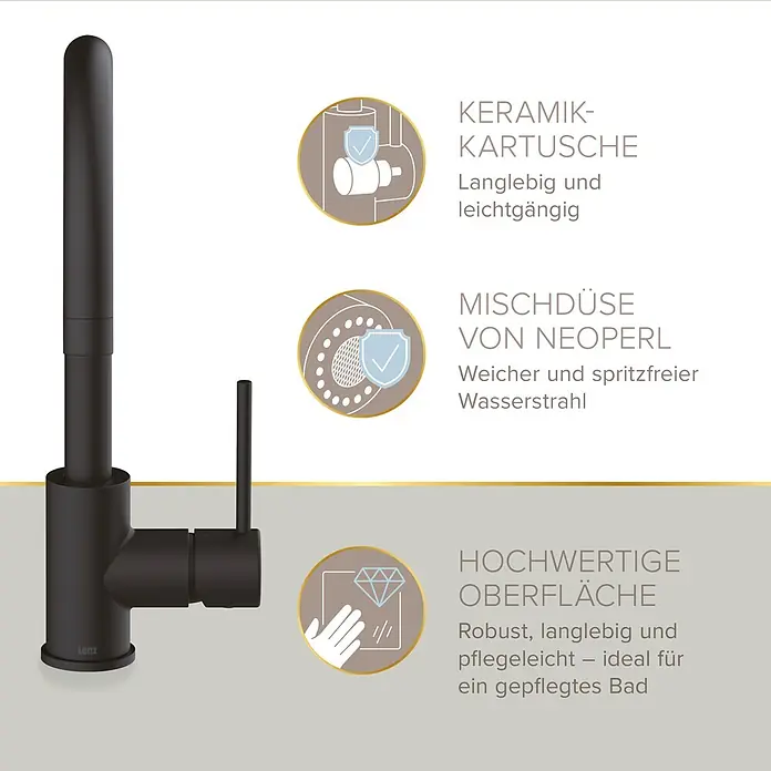 Lenz Spültischarmatur Lio - Schwarz, Matt - Mattschwarze, moderne Badarmatur.