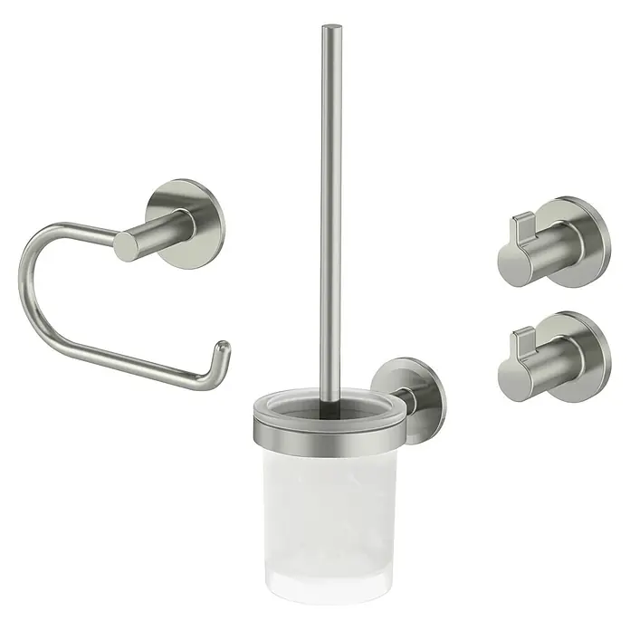 Lenz WC-Kombi-Bürstengarnitur Noa - 4 -tlg., Nickel - Badezimmer-Accessoire-Set aus gebürstetem Metall: Toilettenpapierhalter, WC-Bürste mit mattiertem Behälter und zwei Haken.