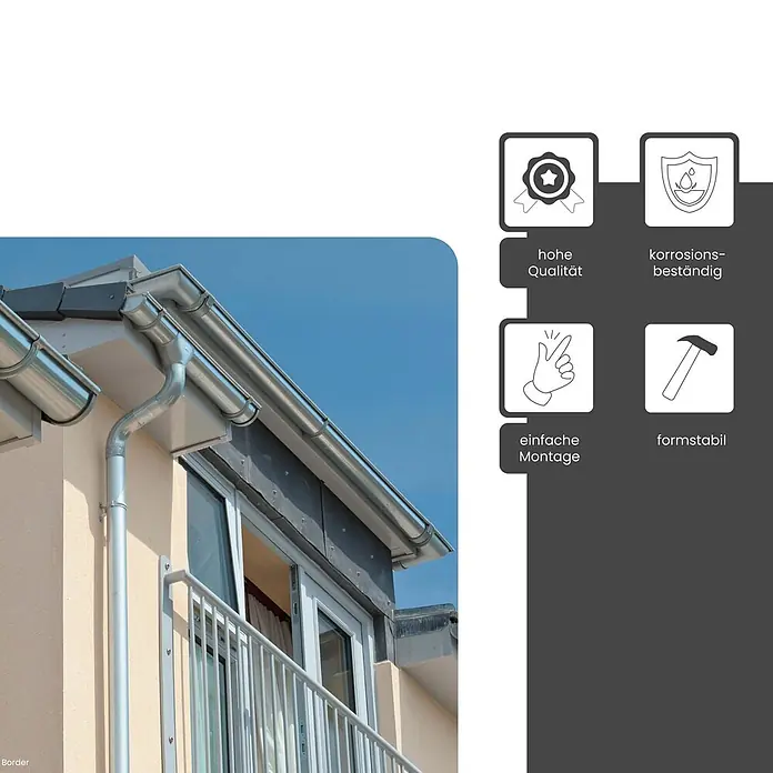 Zambelli Dachrinne 4m RG 280 Komplettset Zink Gartenhaus Silber - Nennweite: 125 mm, Stahl, Silber - Silbernes Metall-Regenrinnensystem an einem Gebäude, mit Icons und deutschem Text zu Produktmerkmalen.