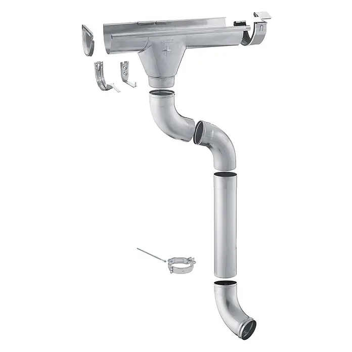 Zambelli Dachrinne 4m RG 280 Komplettset Zink Gartenhaus Silber - Nennweite: 125 mm, Stahl, Silber - Unmontierte silberfarbene Metall-Dachrinnenteile: Rinne, Fallrohr, Rohre, Endkappen und Befestigungsmaterial.