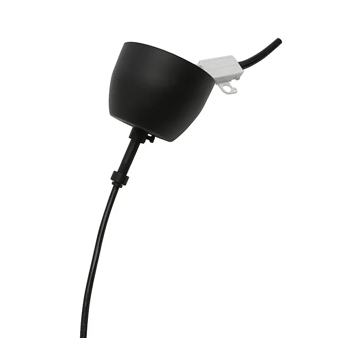 PR Home Pendelleuchte Solo - 25 W, E27 - Schwarze Lampenabdeckung mit schwarzem Stromkabel und weißem Verbinder.