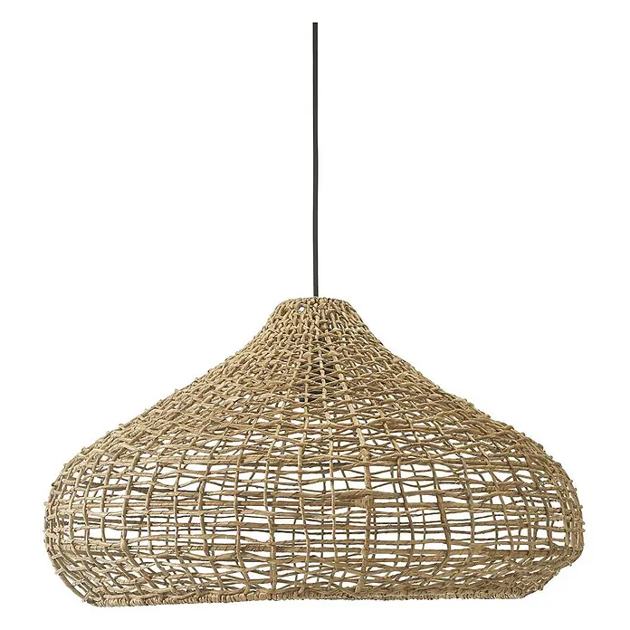 PR Home Pendelleuchte Mira - 25 W, E27 - Geflochtene Hängeleuchte aus Naturfasern mit glockenförmigem Schirm und schwarzem Kabel.