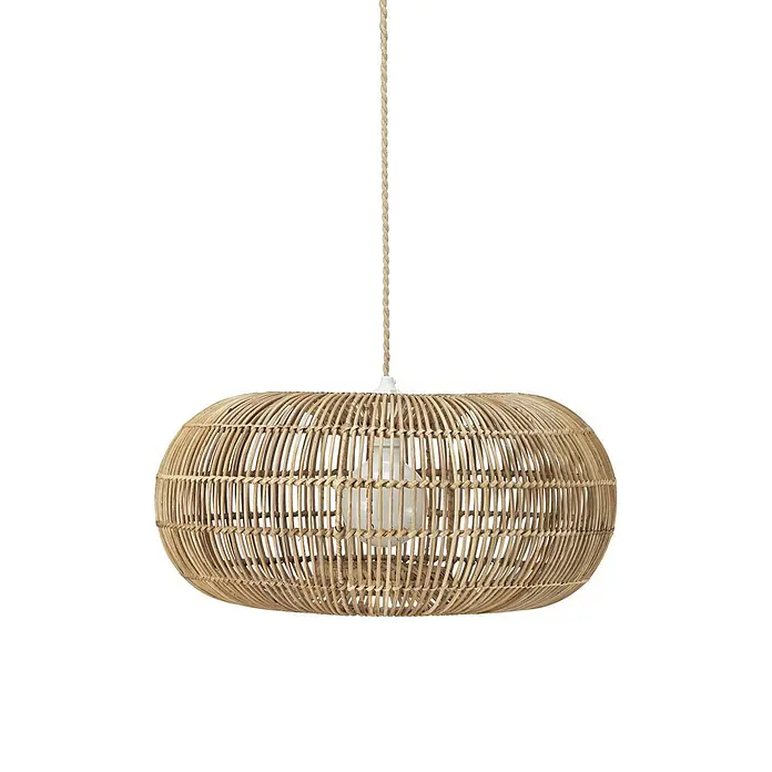 PR Home Pendelleuchte Rattan - 15 W, E27 - Ovale Hängelampe aus natürlichem geflochtenem Rattan, an einem Flechtkabel hängend.