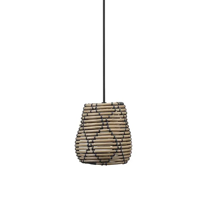 PR Home Pendelleuchte 18cm Outdoor - 40 W, E27 - Hängeleuchte mit einem Schirm aus hellen Bambusstäben, die mit dunkler Schnur gewebt sind.