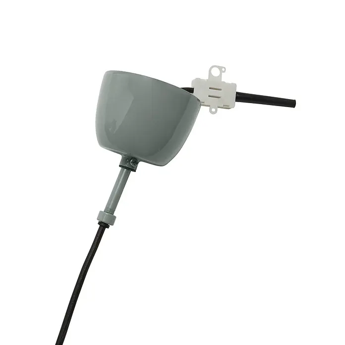 PR Home Pendelleuchte Solo - 25 W, E27 - Grauer Pendelleuchten-Baldachin, mit schwarzem Stromkabel und weißer Lüsterklemme verbunden.
