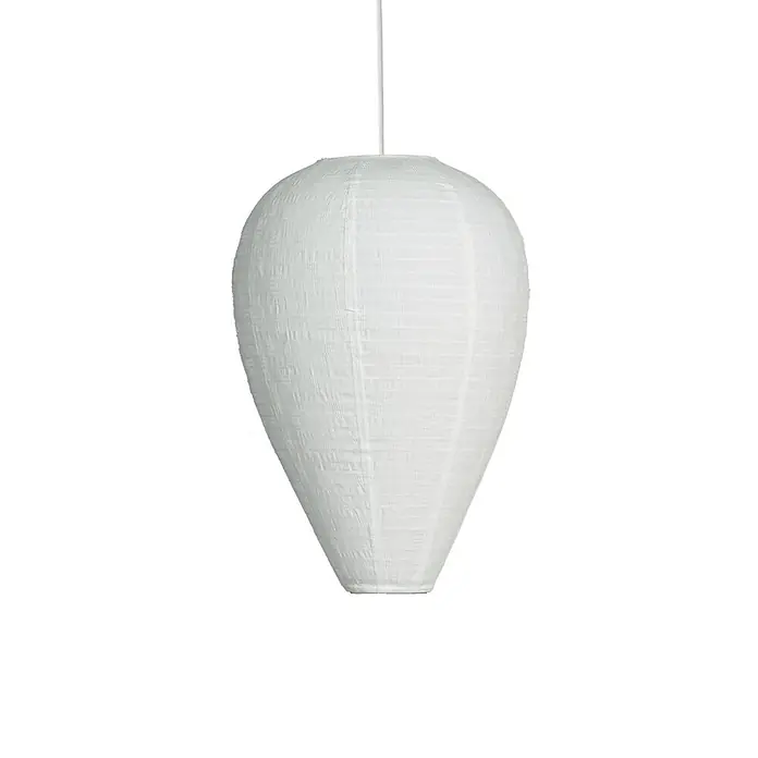 PR Home Pendelleuchte Verona - 15 W, E27 - Weißer, texturierter Papier-Lampenschirm in länglicher Tropfenform, an einem weißen Kabel hängend.