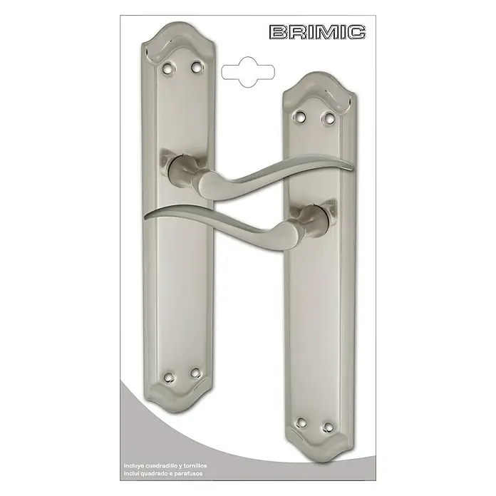 Micel Brimic Conjunto de picaporte niquelada 202 - Níquel satinado - Un par de manijas Brimić con rosetas de diseño clásico. Completo con materiales de fijación para una fácil instalación.