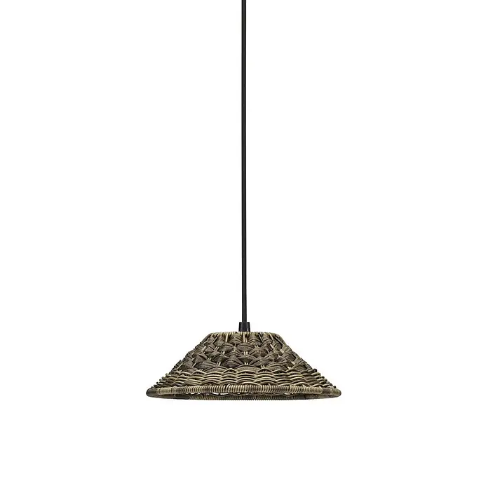 PR Home Pendelleuchte 27cm Outdoor - 40 W, E27 - Geflochtene konische Pendelleuchte mit hellbraunem Schirm und schwarzem Kabel.