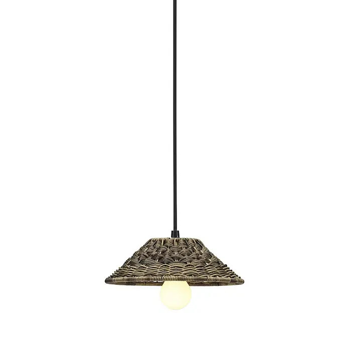 PR Home Pendelleuchte 27cm Outdoor - 40 W, E27 - Geflochtene Hängelampe mit konischem Schirm aus Naturfasern und leuchtender Kugelbirne.