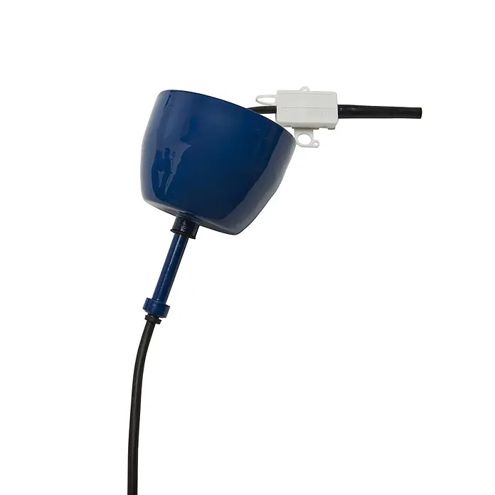 PR Home Pendelleuchte Solo - 25 W, E27 - Blauer Schwimmerschalter mit weißem elektrischem Stecker und schwarzem Kabel.