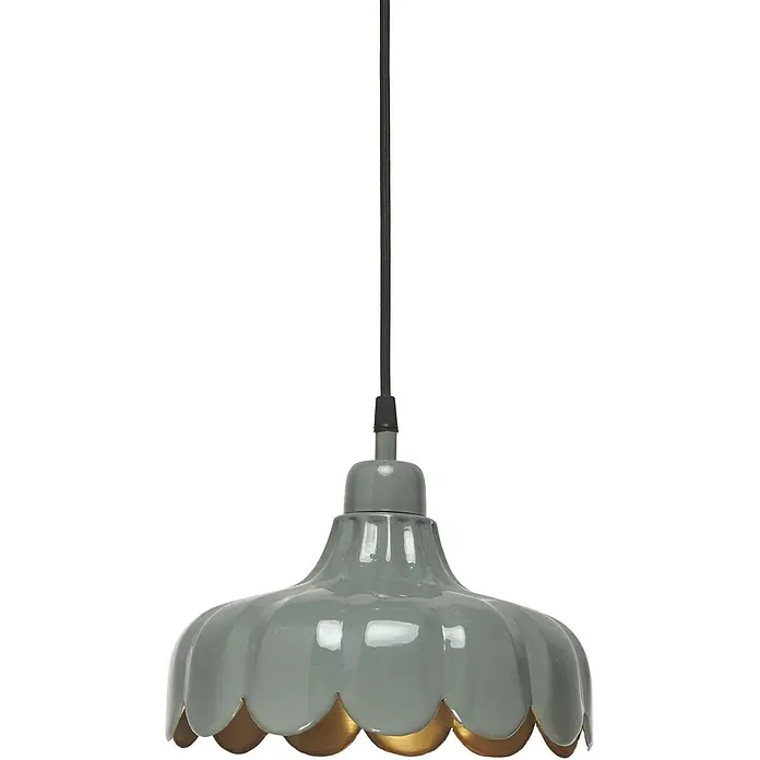 PR Home Pendelleuchte 24cm Fensterleuchte - 25 W, E27 - Salbeigrüner geriffelter Pendelleuchte mit goldener Innenseite, an schwarzem Kabel.