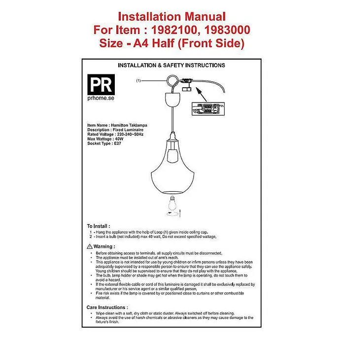 PR Home Pendelleuchte 20cm - 40 W, E27 - Installationsanleitung einer Hängelampe mit transparentem, glockenförmigem Glasschirm und E27-Glühbirne, Montageanleitung.