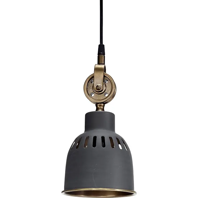 PR Home Pendelleuchte Cleveland - 40 W, E27 - Pendelleuchte im Industriestil mit dunkelgrauem Metallschirm, Lüftungsschlitzen, verbunden mit einer messingfarbenen Rolle und schwarzem Kabel.