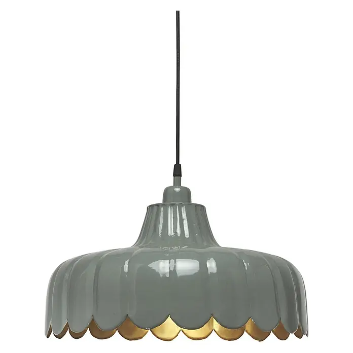 PR Home Pendelleuchte Wells - 25 W, E27 - Graue Pendelleuchte mit Wellenkante und goldener Innenseite, an schwarzem Kabel hängend.